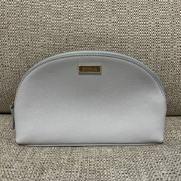 Furla Baby Blue Leather Curved Cosmetics Travel Case - Picture 1 of 9